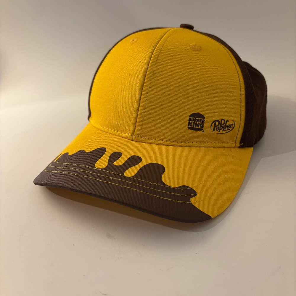 Burger King Dr Pepper Hat Mens OSFA Yellow Brown Drip Baseball Cap Promo